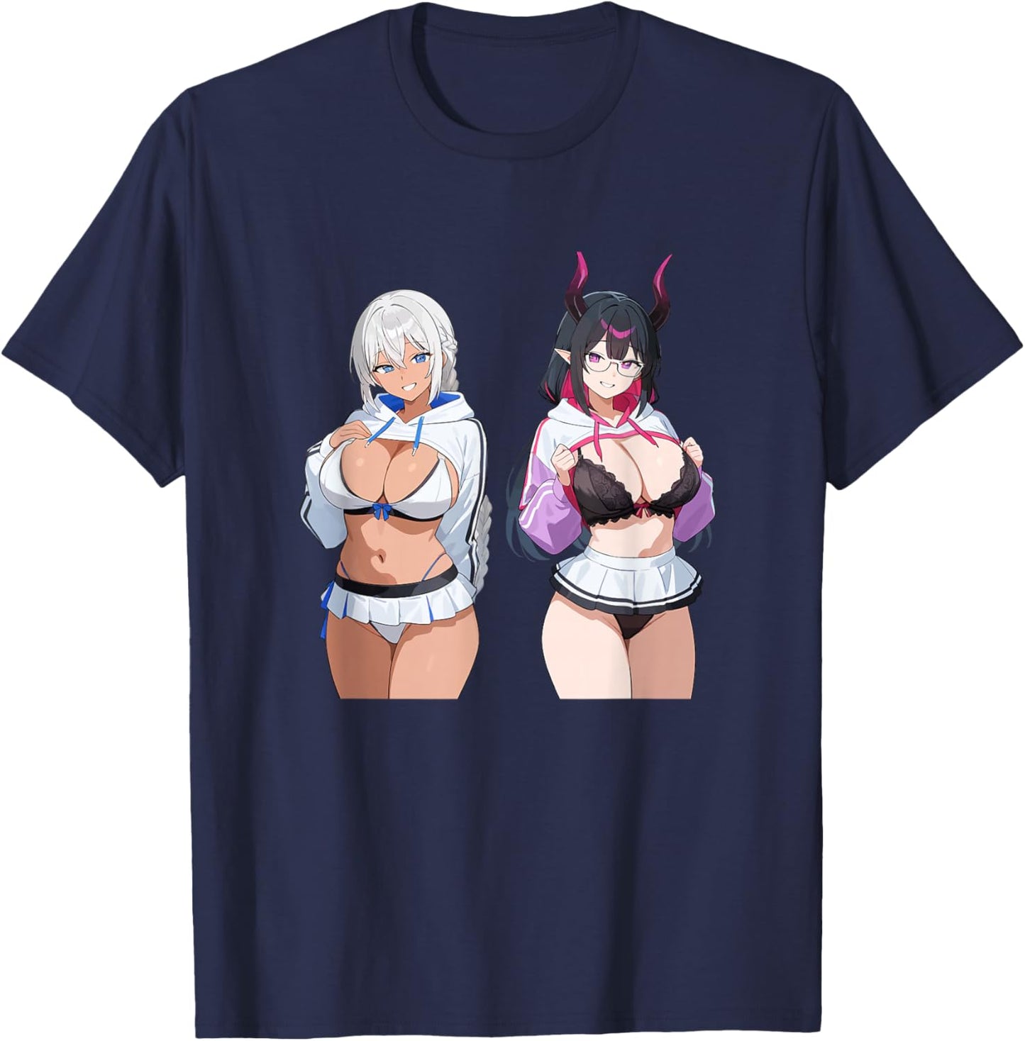 Waifu Sexy Anime Girl Horns Mini Skirt Japanese Retro Art T-Shirt - T-Shirt | Navy