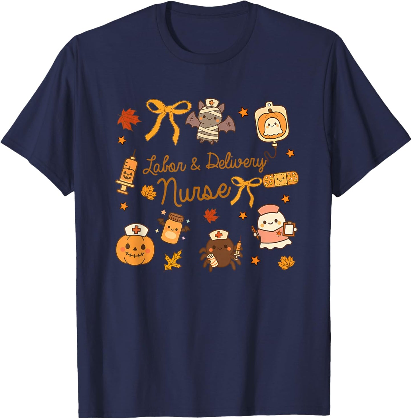 Labor and Delivery Nurse Halloween Pumpkin Ghost Autumn Fall T-Shirt - T-Shirt | Navy