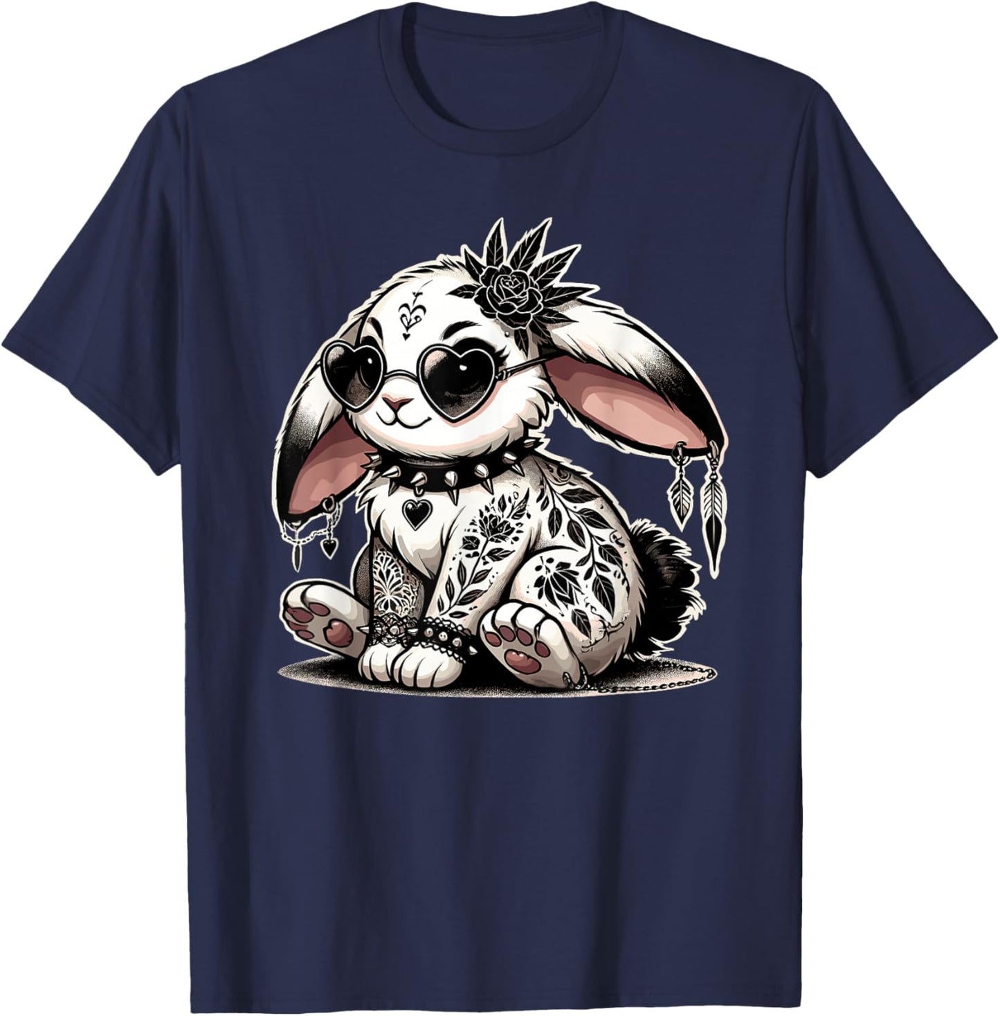 Gothic Bunny with Floral Punk Tattoos & Spiked Collar T-Shirt - T-Shirt | Navy