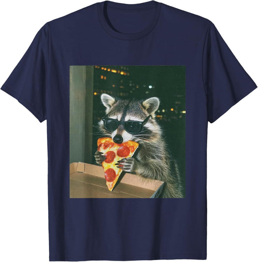 Funny Raccoon Eating Pizza with Sunglasses T-Shirt - T-Shirt | Navy