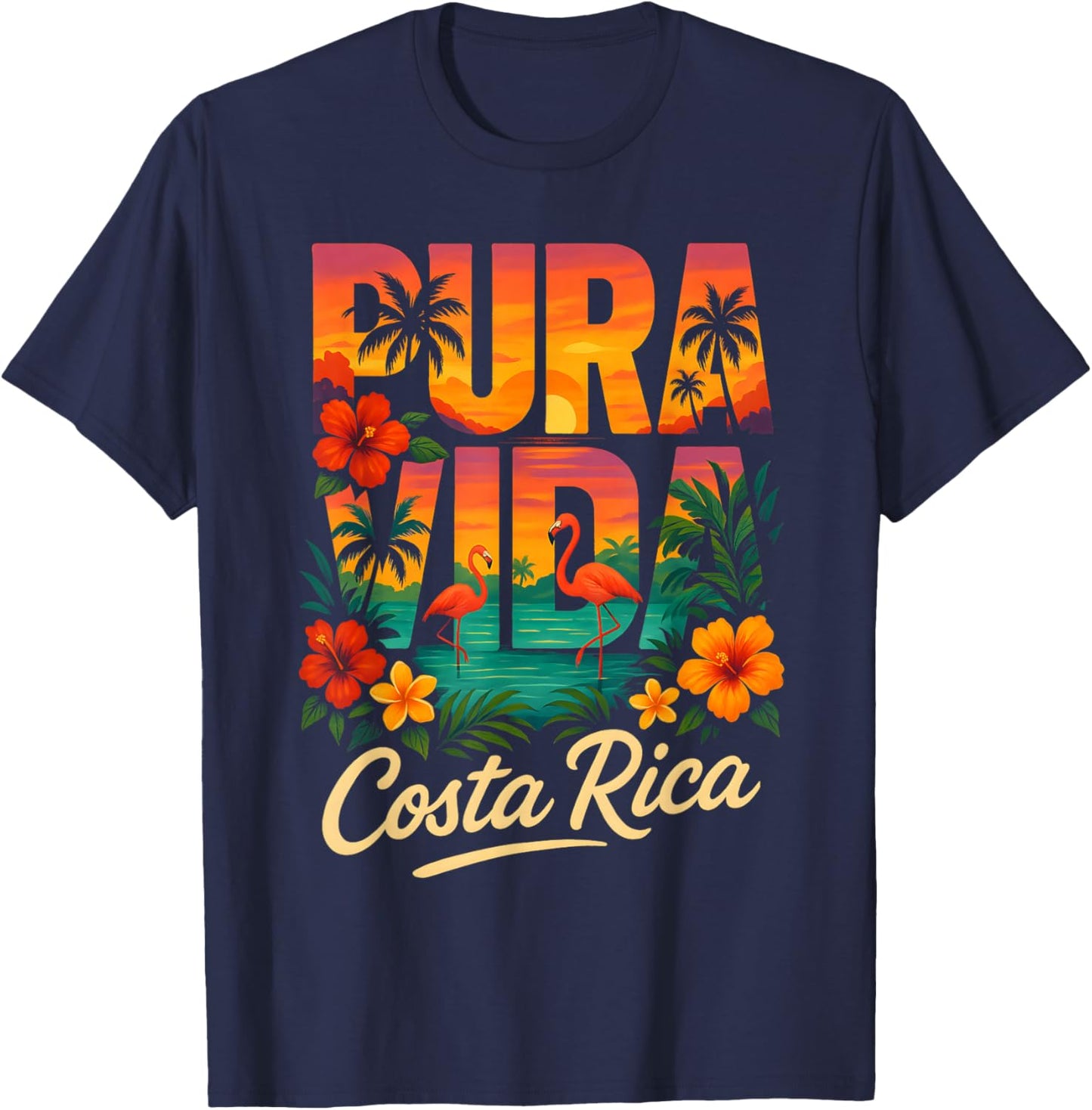 Pura Vida Costa Rica Sunset Flamingos T-Shirt - T-Shirt | Navy