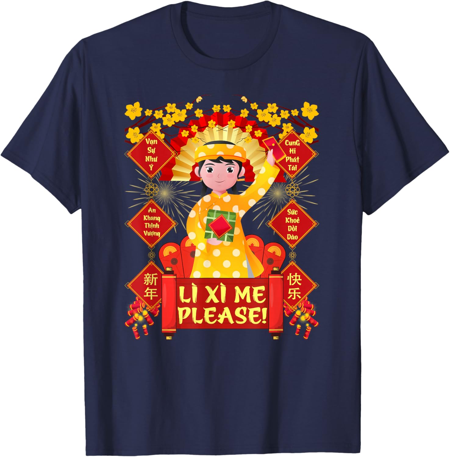 Funny Li Xi Me Please Vietnamese Red Cute Ao Dai Girl Kids T-Shirt - T-Shirt | Navy