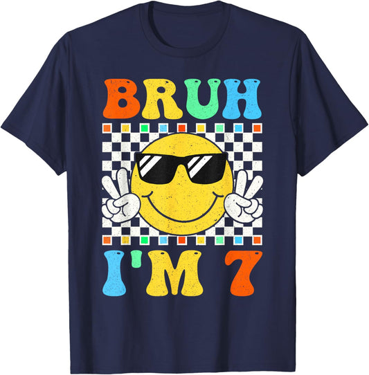 Bruh I'm 7 Year Old Gifts 7th Birthday Boy Seven Smile Face T-Shirt - T-Shirt | Navy