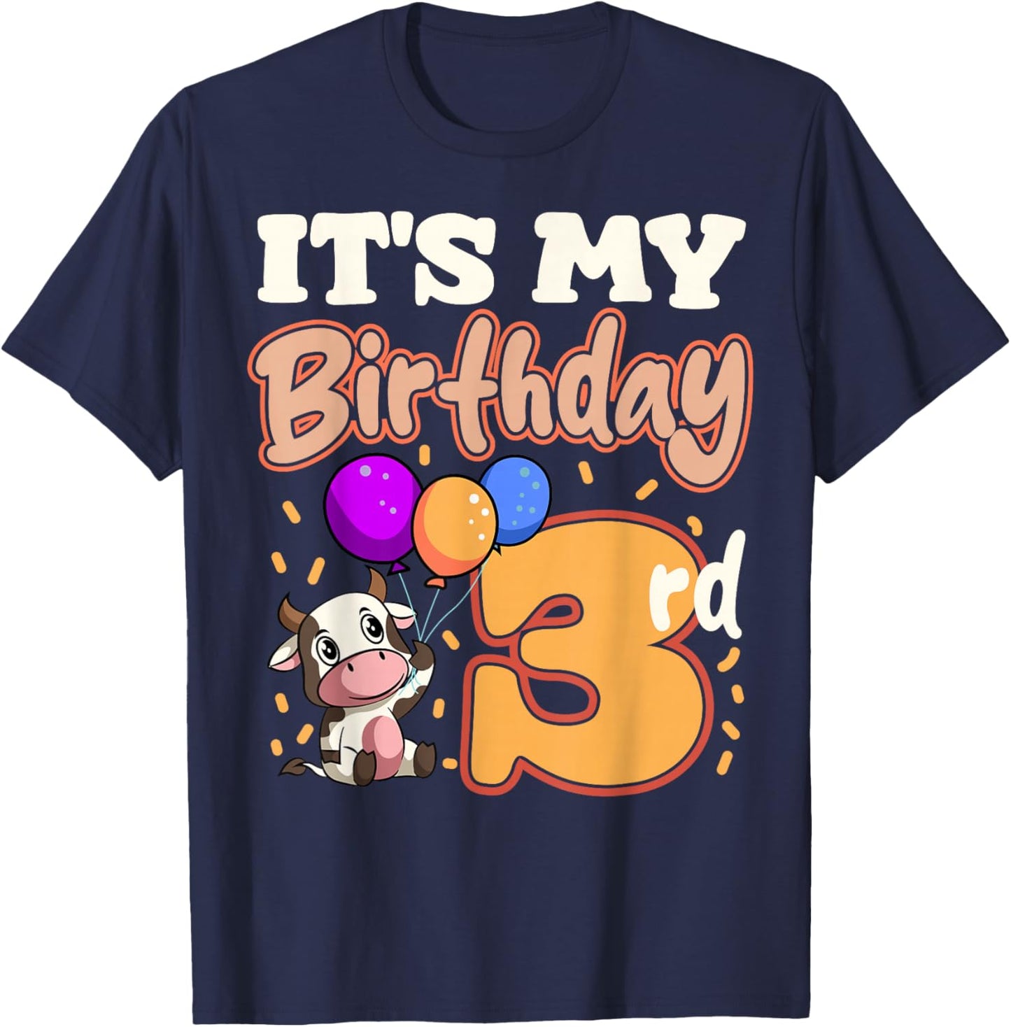 Cow 3rd Birthday Party Balloons Moo Farm Animal Vet Barn T-Shirt - T-Shirt | Navy