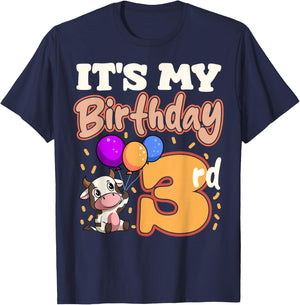 Cow 3rd Birthday Party Balloons Moo Farm Animal Vet Barn T-Shirt - T-Shirt | Navy