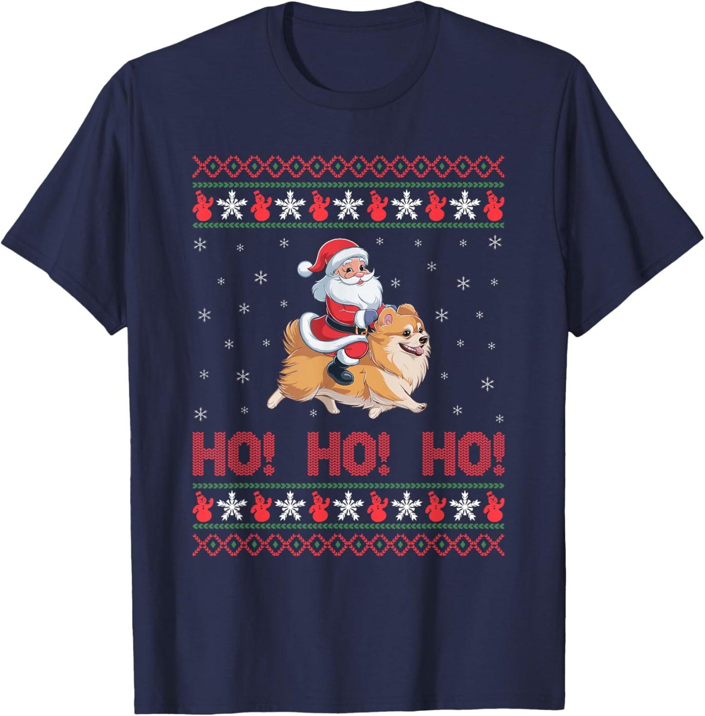 Ho Ho Ho Santa Riding Pomeranian Dog Ugly Christmas Sweater Men Women Kids T-Shirt - T-Shirt | Navy