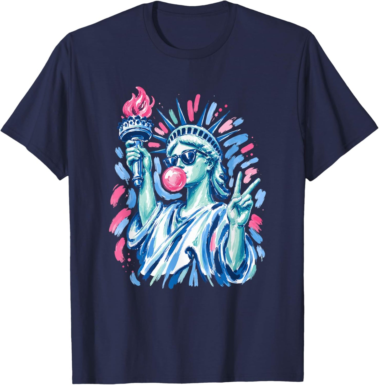4th of July Preppy Statue of Liberty Blowing Bubble Gum T-Shirt - T-Shirt | Navy