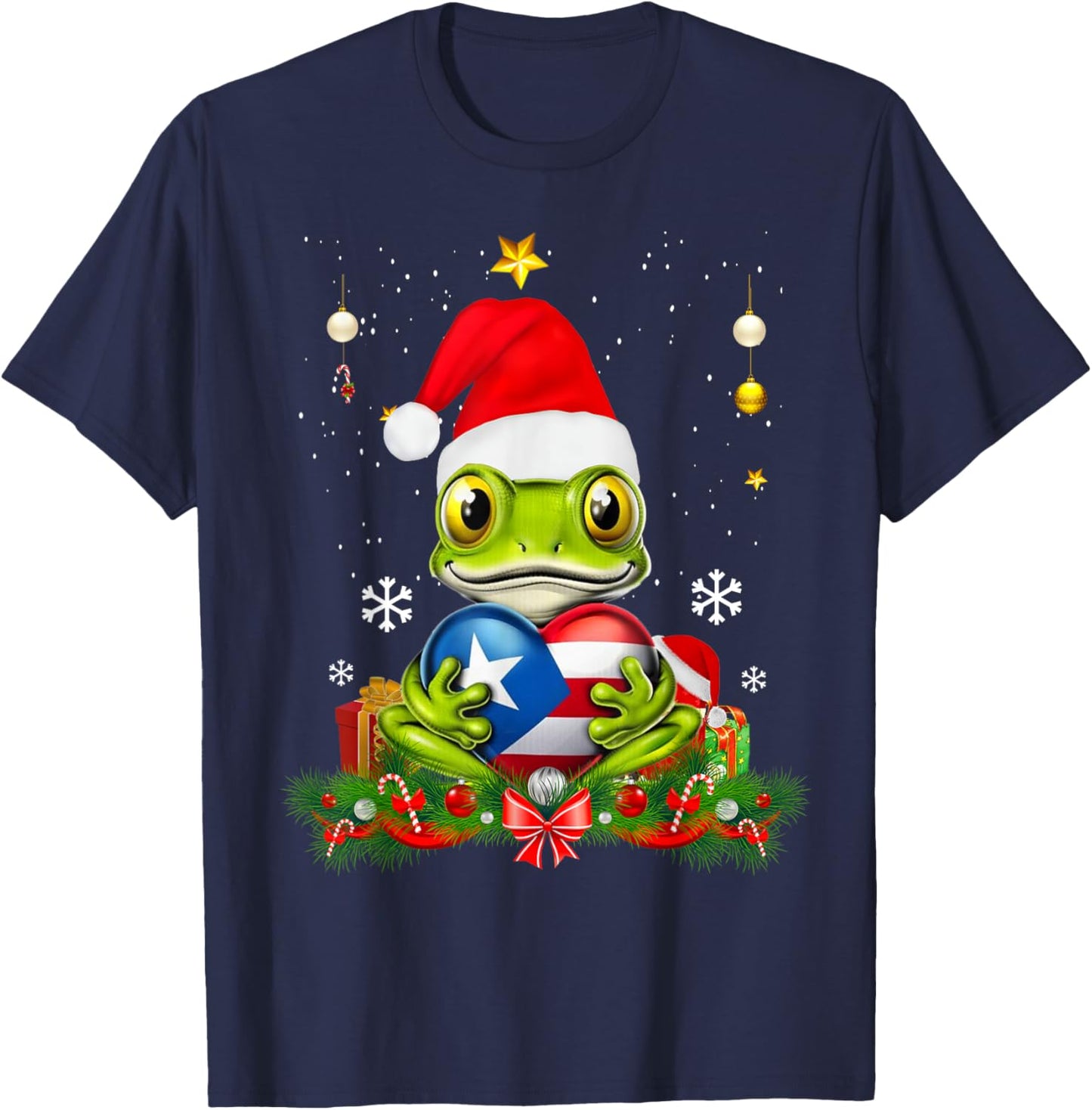 Patriotic Puerto Rico Flag Frog Tree Christmas Puero Rican T-Shirt - T-Shirt | Navy