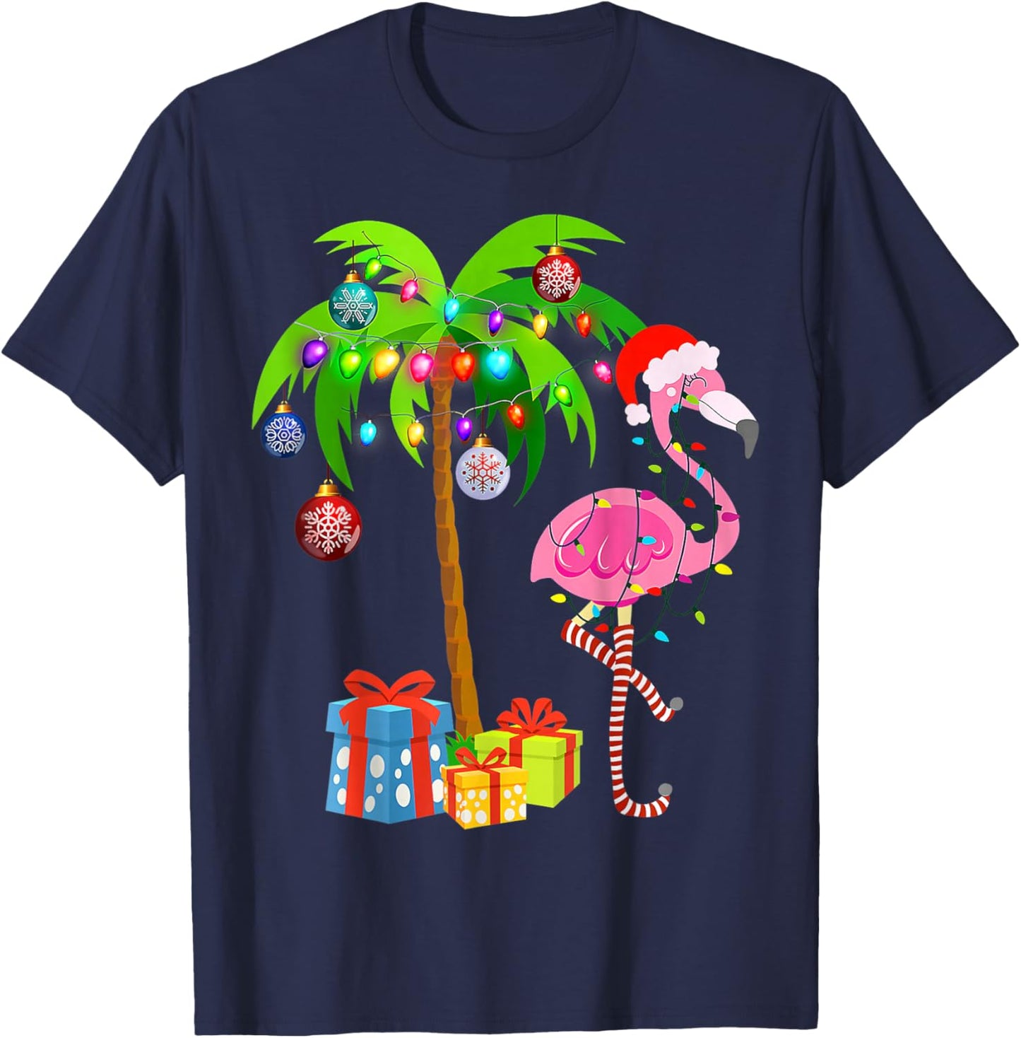 Pink Flamingo Christmas Palm Tree Tropical Xmas Holiday T-Shirt - T-Shirt | Navy