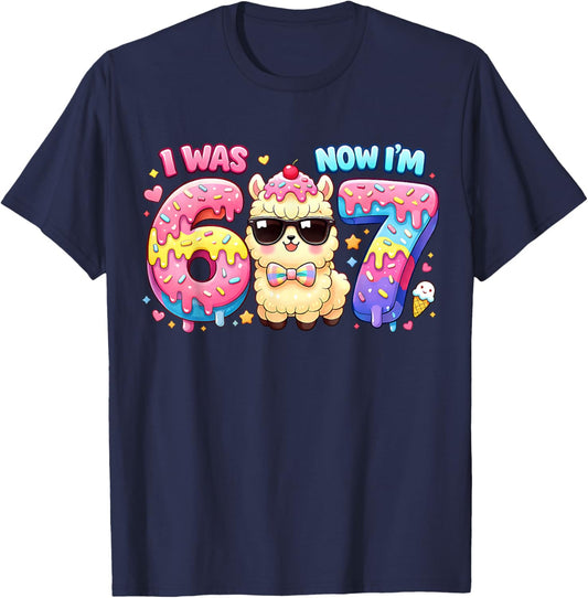 I was 6 Now I'm 7 Llama Alpaca Ice Cream Drip 6-7 Birthday T-Shirt - T-Shirt | Navy