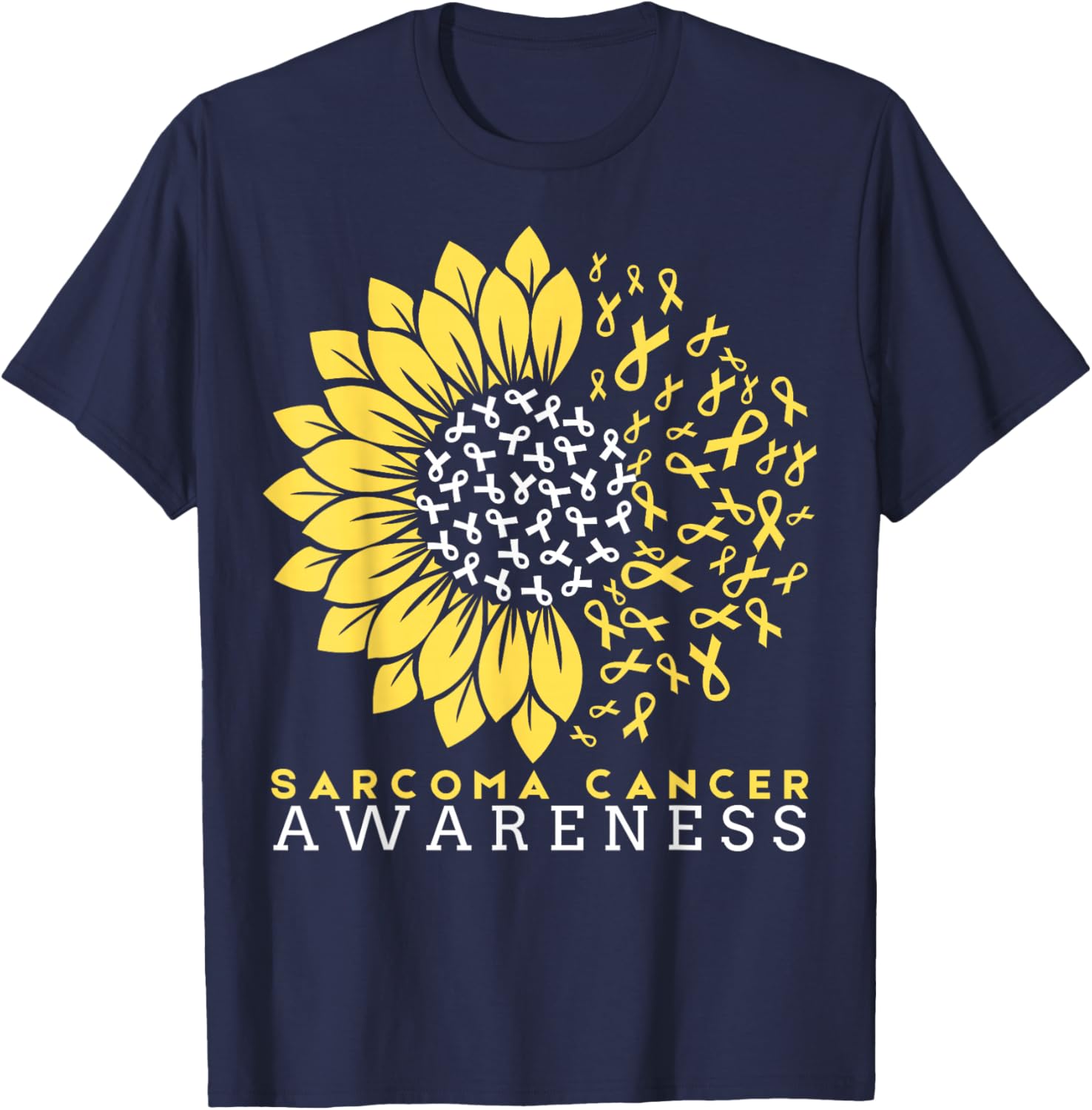 Sarcoma Bone Cancer Awareness Sunflower Ribbon Yellow T-Shirt - T-Shirt | Navy