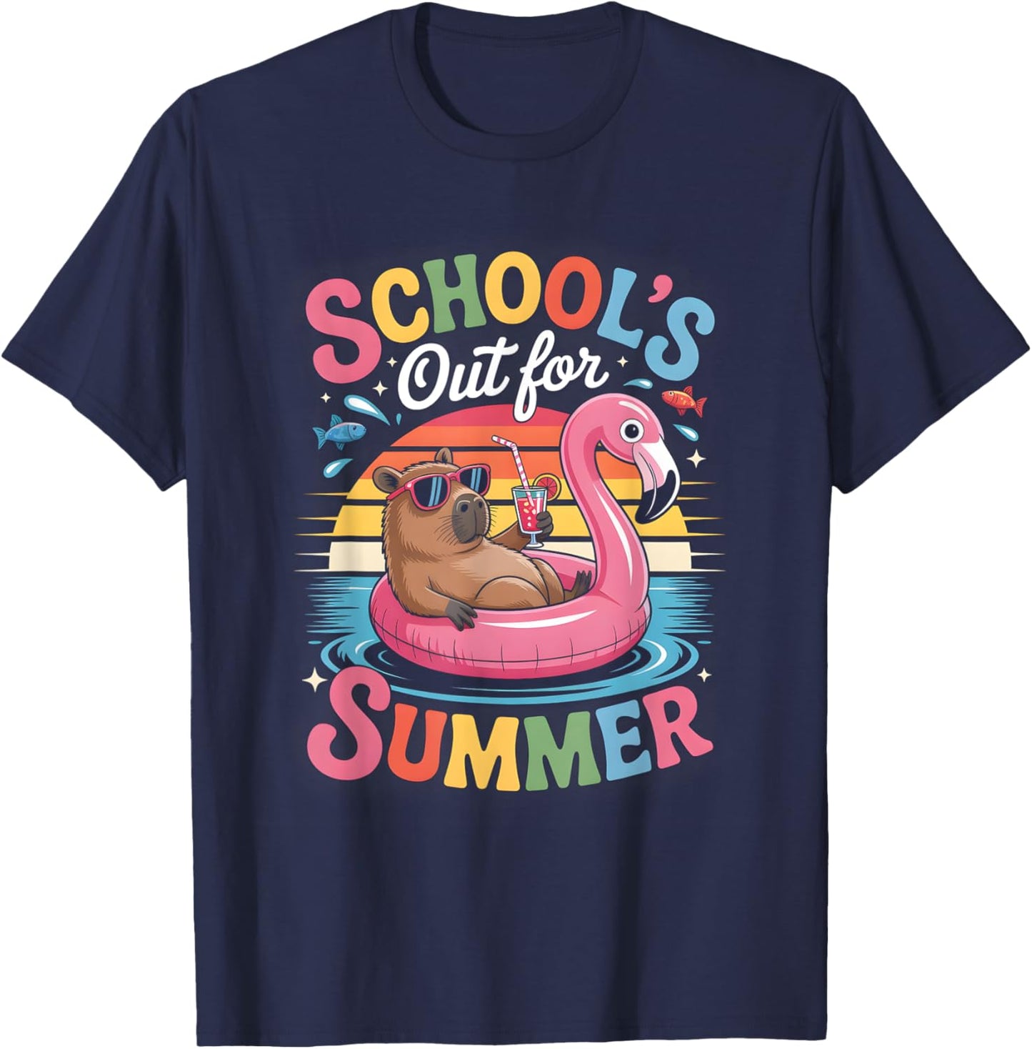Schools Out For Summer Capybara Funny Animal Lover Design T-Shirt - T-Shirt | Navy