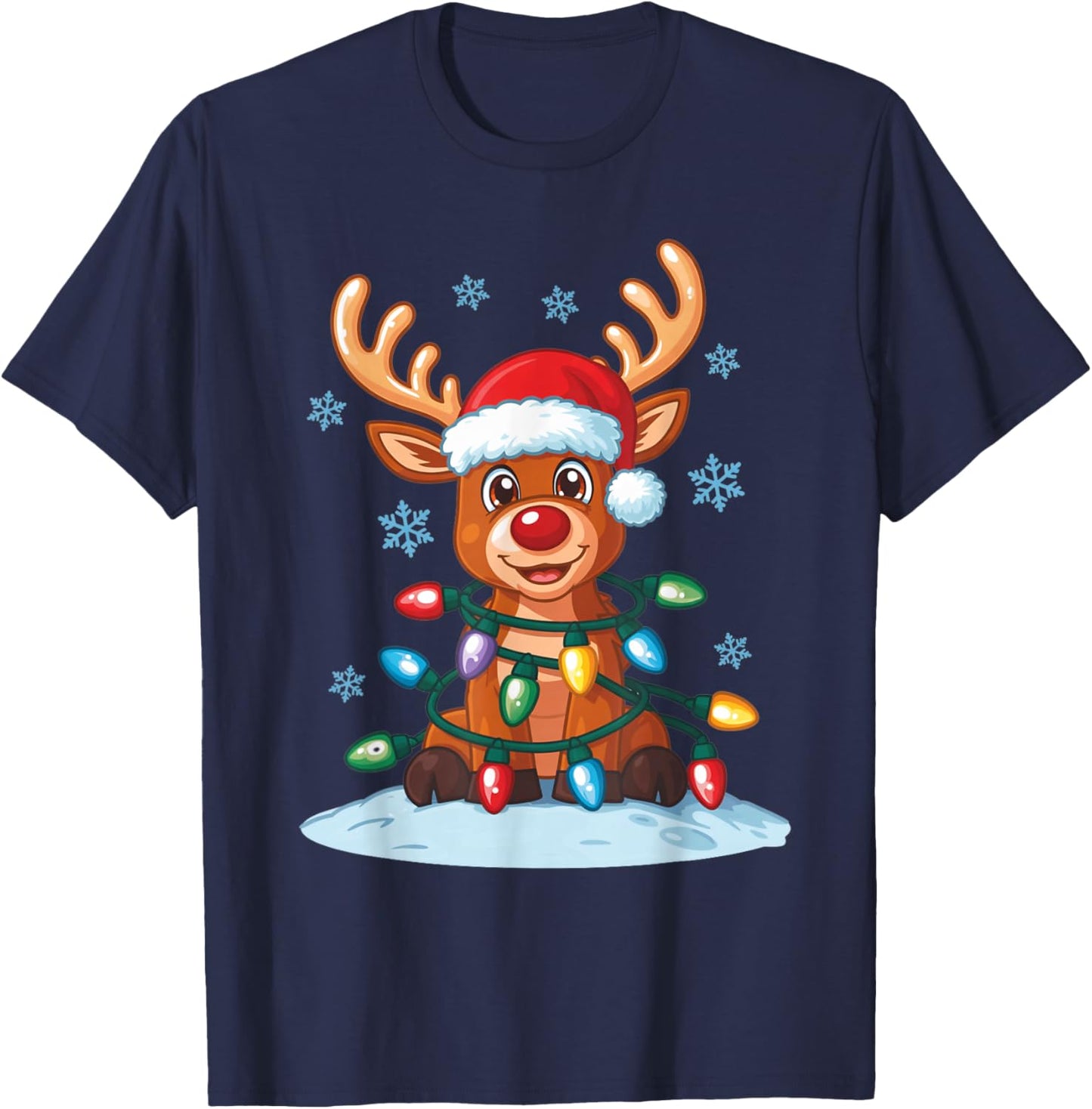 Merry Christmas Reindeer Fairy Lights Santa T-Shirt - T-Shirt | Navy
