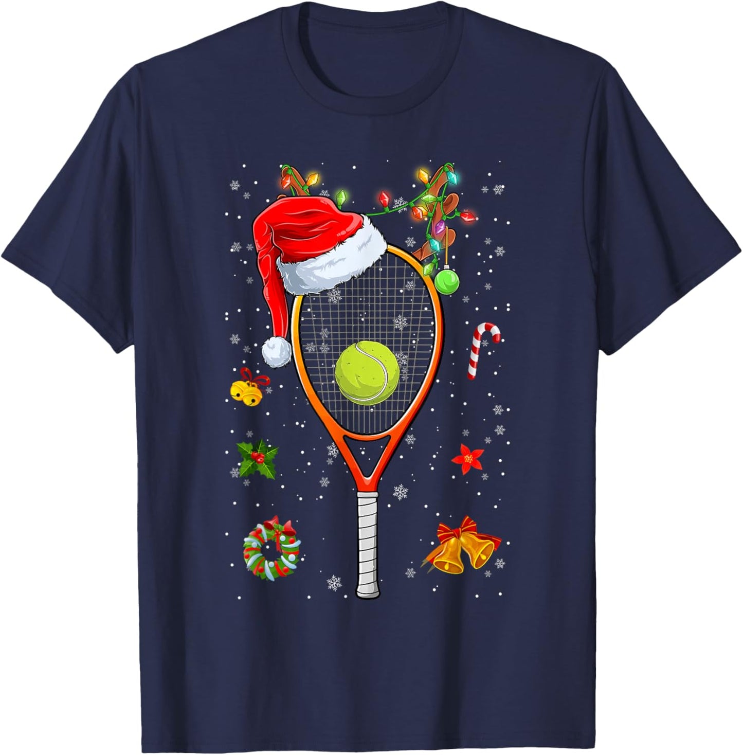 Funny Tennis Racket Reindeer Santa Hat Christmas Lights Xmas T-Shirt - T-Shirt | Navy