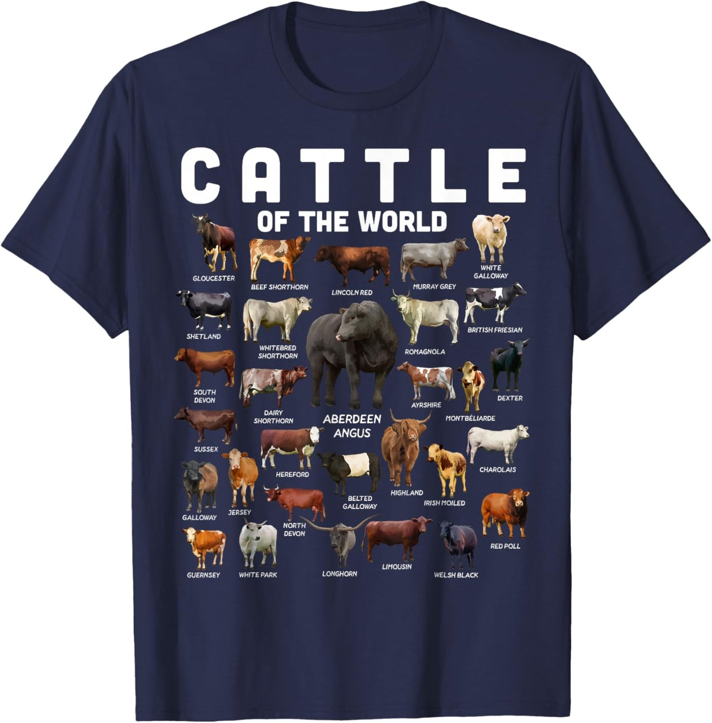 Cow Shirt Cattle Of The World Types Of Cows Funny Farmer T-Shirt - T-Shirt | Navy