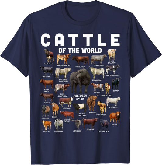 Cow Shirt Cattle Of The World Types Of Cows Funny Farmer T-Shirt - T-Shirt | Navy