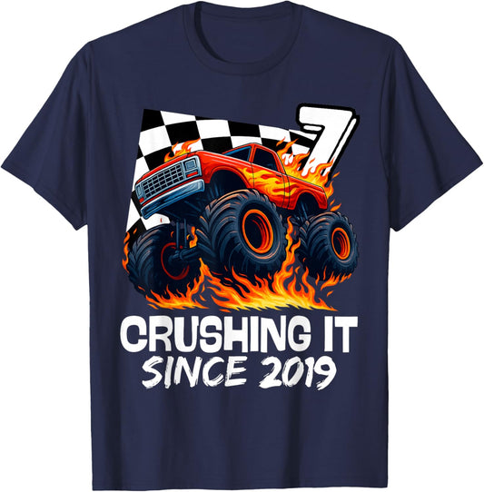 Birthday Monster Truck 7 Year Old Boys 7th Party Born 2019 T-Shirt - T-Shirt | Navy
