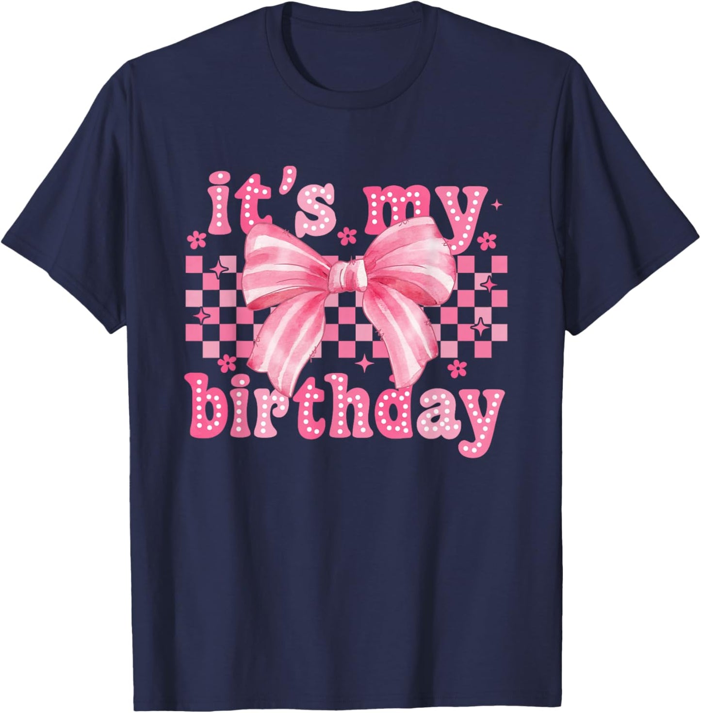 It's My Birthday Coquette Bow Floral Checkered Bday Party T-Shirt - T-Shirt | Navy