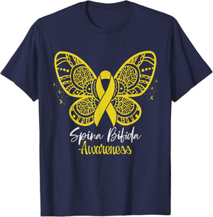 Spina Bifida Butterfly Yellow Ribbon Spina Bifida Awareness T-Shirt - T-Shirt | Navy