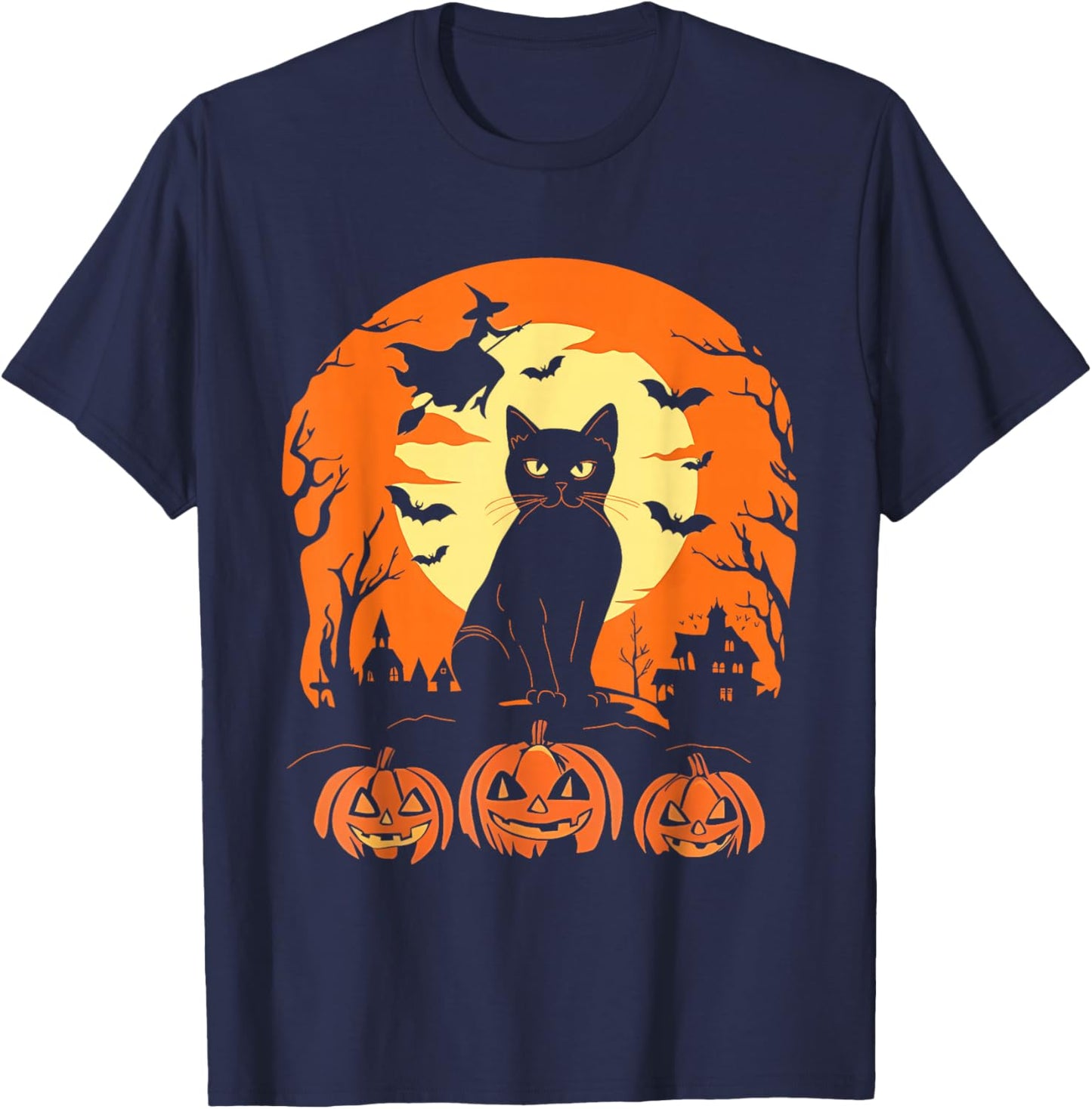 Black Cat and Pumpkin Halloween Scene for Everyone T-Shirt - T-Shirt | Navy