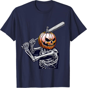 Pumpkin Skeleton playing Baseball Player Halloween T-Shirt - T-Shirt | Navy
