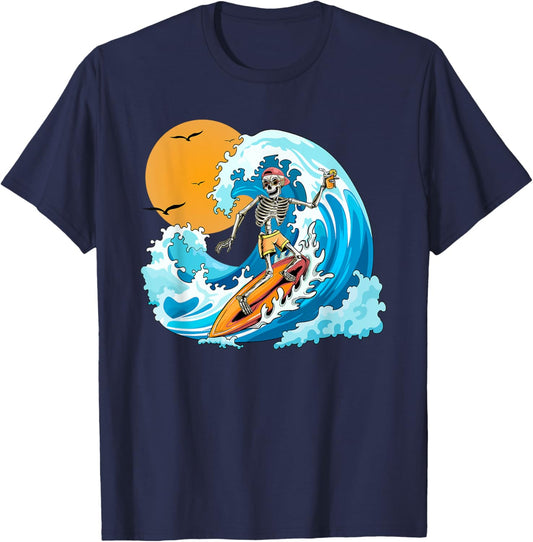 COOL Boy Summer Vacation Skeleton Surfing Hawaii Hawaiian T-Shirt - T-Shirt | Navy