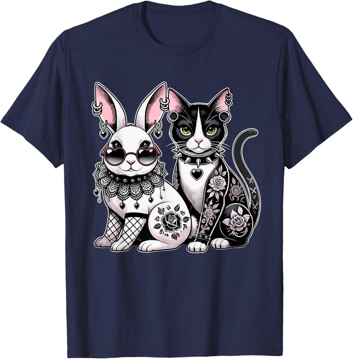 Gothic Punk Cat & Bunny with Tattoos & Piercings T-Shirt - T-Shirt | Navy