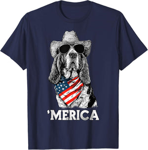 Basset Hound American Flag Bandana Cowboy Hat Sunglasses T-Shirt - T-Shirt | Navy