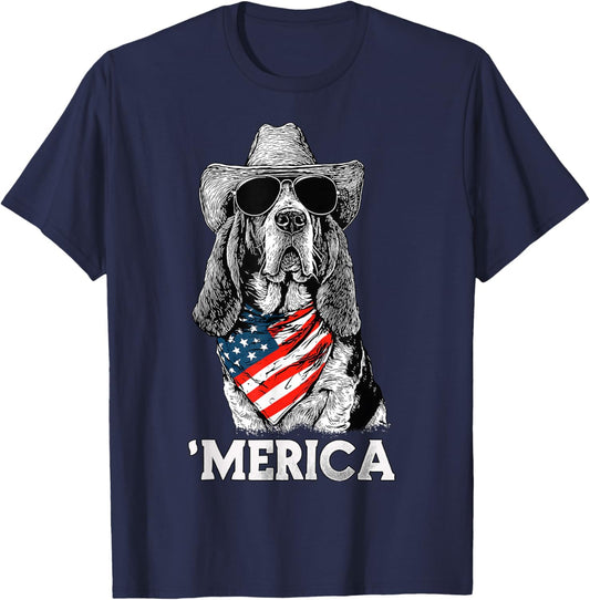 Basset Hound American Flag Bandana Cowboy Hat Sunglasses T-Shirt - T-Shirt | Navy