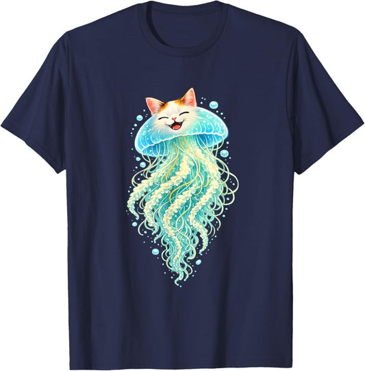 Jellyfish Cat Cute Surreal Ocean Cat Illustration T-Shirt - T-Shirt | Navy