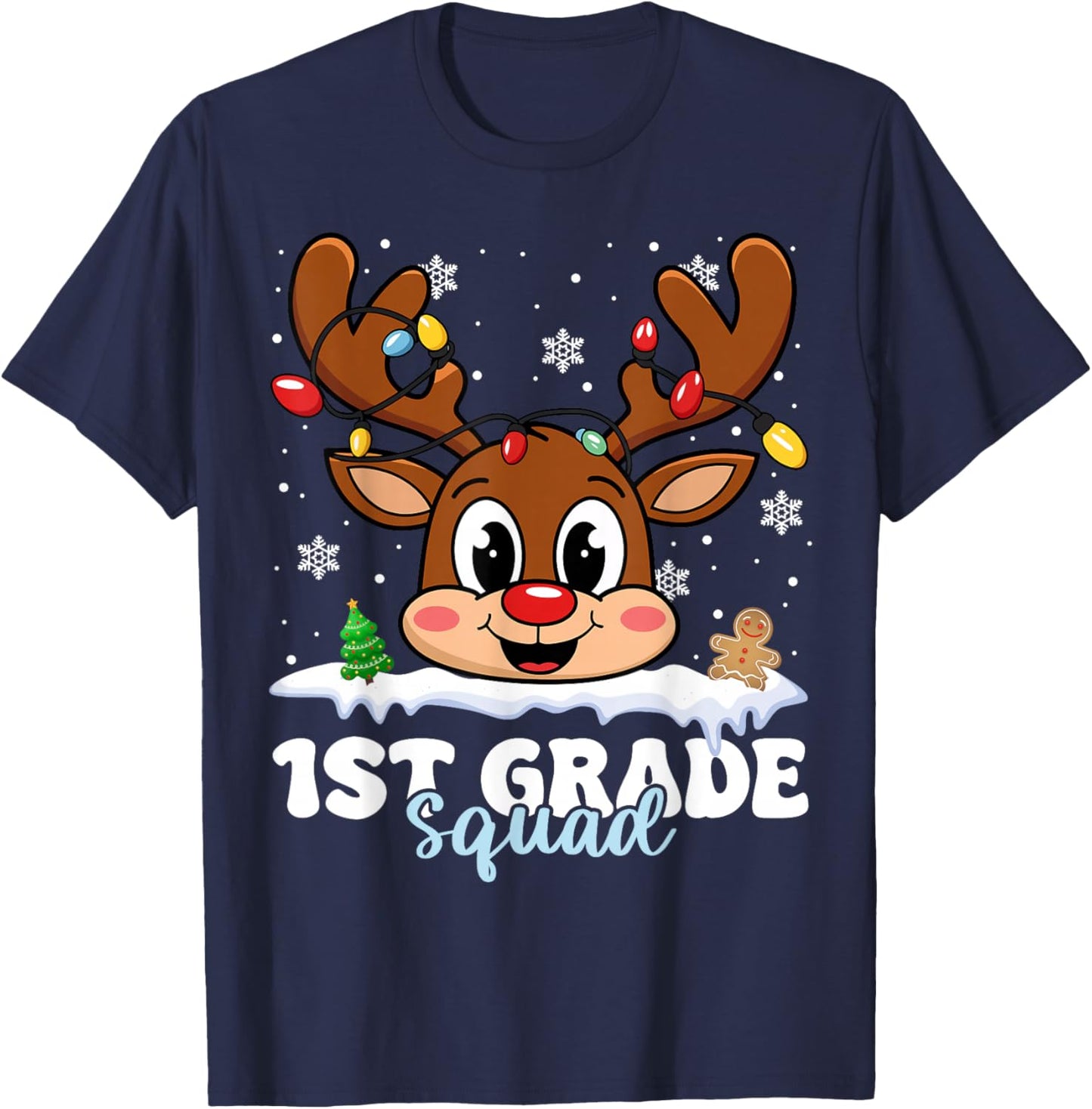 First Grade Squad Teachers Christmas Reindeer Lovers Xmas T-Shirt - T-Shirt | Navy