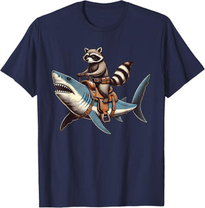 Vintage Raccoon Shark Rider Funny Retro Raccoon Riding Shark T-Shirt - T-Shirt | Navy