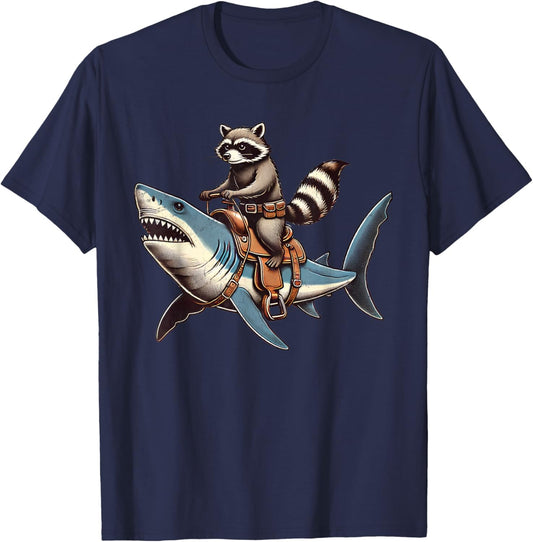 Vintage Raccoon Shark Rider Funny Retro Raccoon Riding Shark T-Shirt - T-Shirt | Navy