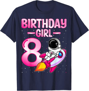 Birthday Girl Kids Astronaut Space 8th Birthday Party T-Shirt - T-Shirt | Navy