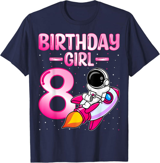 Birthday Girl Kids Astronaut Space 8th Birthday Party T-Shirt - T-Shirt | Navy