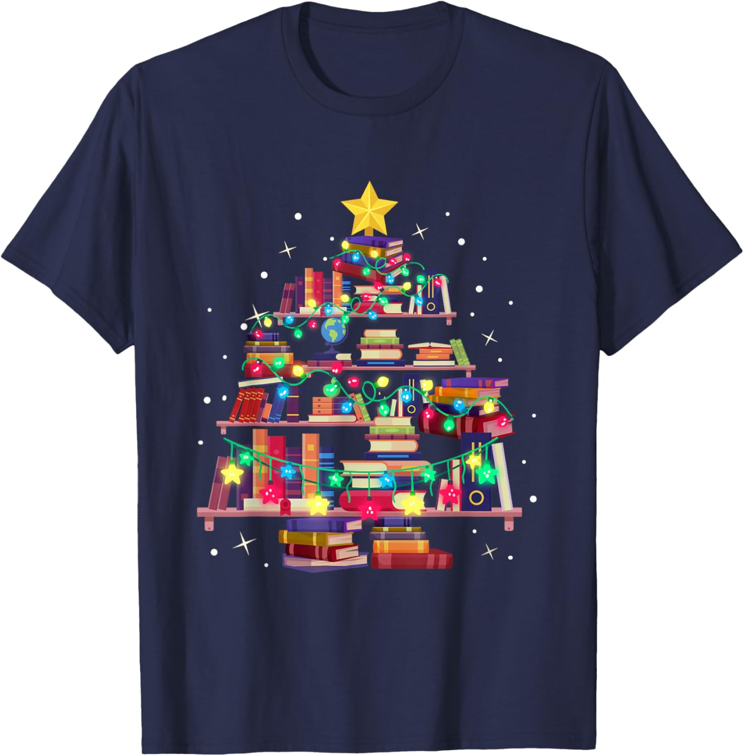 Christmas Library Tree Love reading books nerd Teacher T-Shirt - T-Shirt | Navy