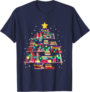 Christmas Library Tree Love reading books nerd Teacher T-Shirt - T-Shirt | Navy