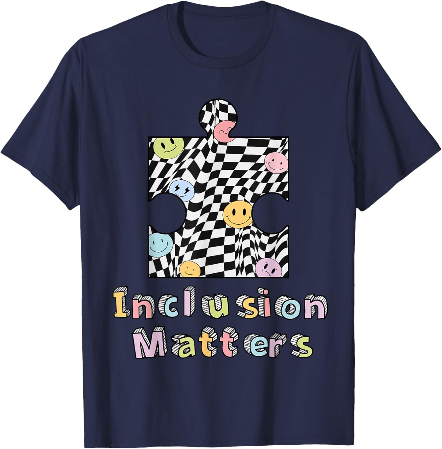 Inclusion Matters Groovy Checkered Puzzle Piece Autism Kids T-Shirt - T-Shirt | Navy