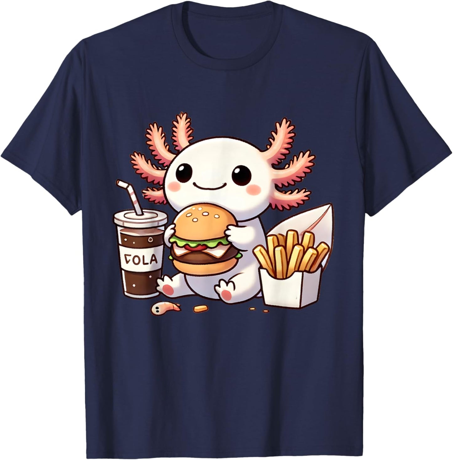 Axolotl with Burger Set, Anime Cute Kawaii Axolotl T-Shirt - T-Shirt | Navy