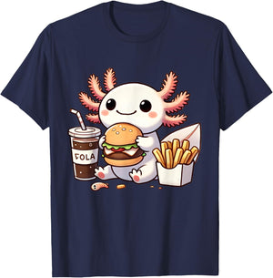 Axolotl with Burger Set, Anime Cute Kawaii Axolotl T-Shirt - T-Shirt | Navy