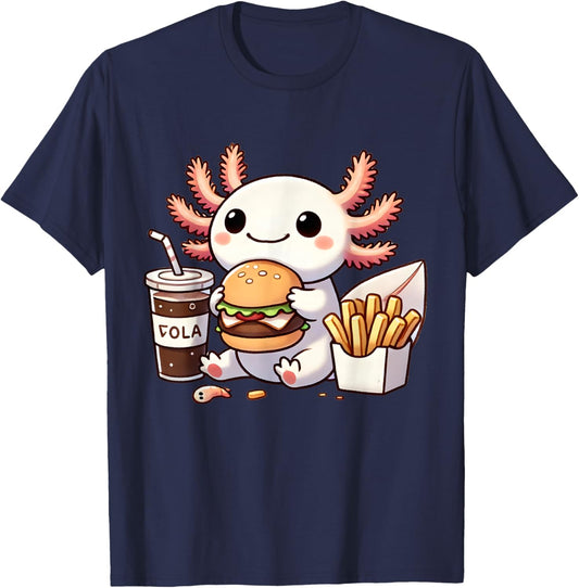 Axolotl with Burger Set, Anime Cute Kawaii Axolotl T-Shirt - T-Shirt | Navy