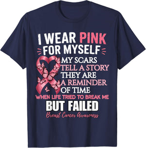 I Wear Pink for Myself Butterfly Ribbon Breast Awareness T-Shirt - T-Shirt | Navy