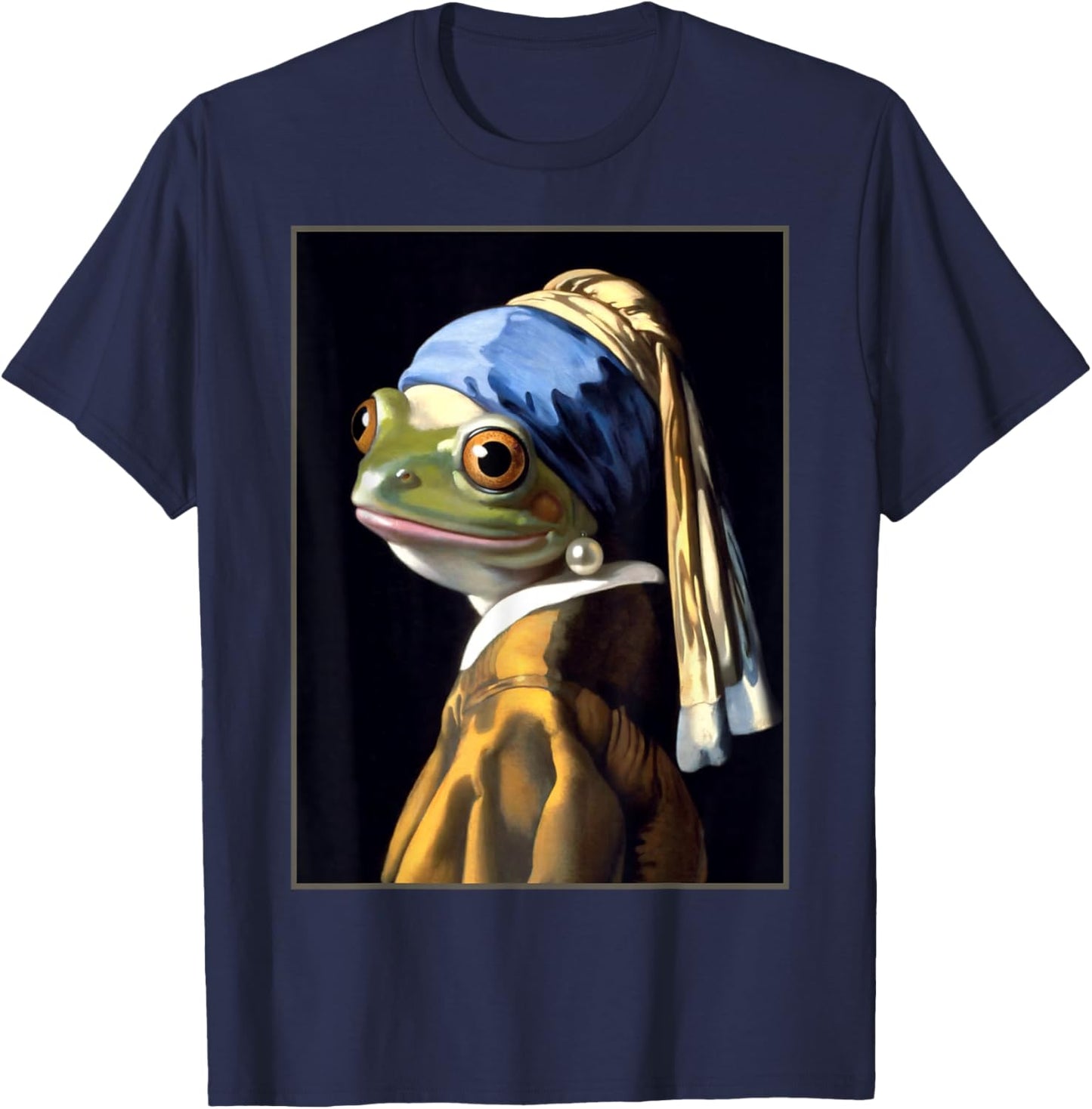 Funny Frog Vermeer’s Girl with a Pearl Earring Parody Meme T-Shirt - T-Shirt | Navy