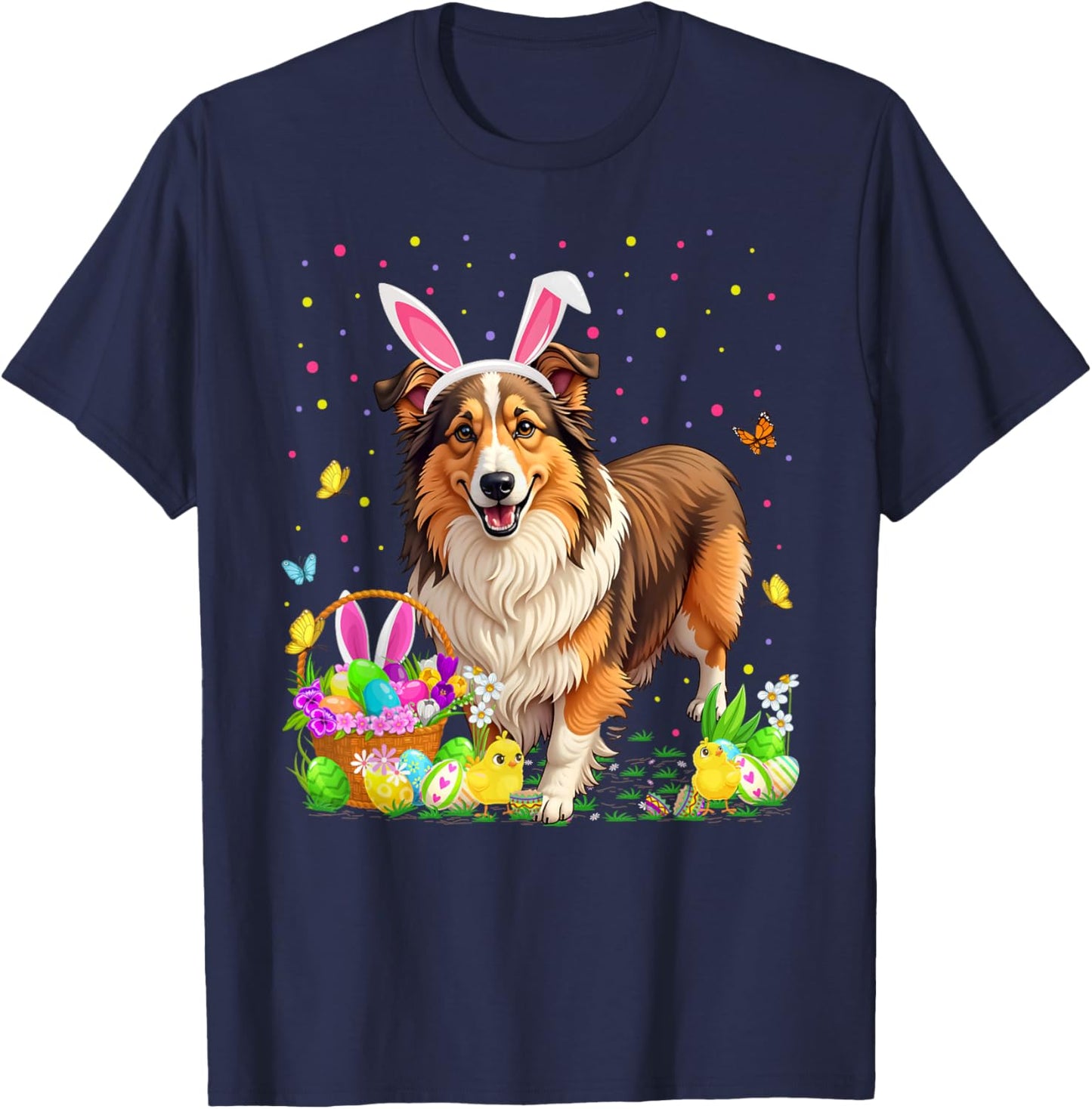 Sheltie Dog Easter Egg Hunt Bunny Ear Sheltie Easter T-Shirt - T-Shirt | Navy