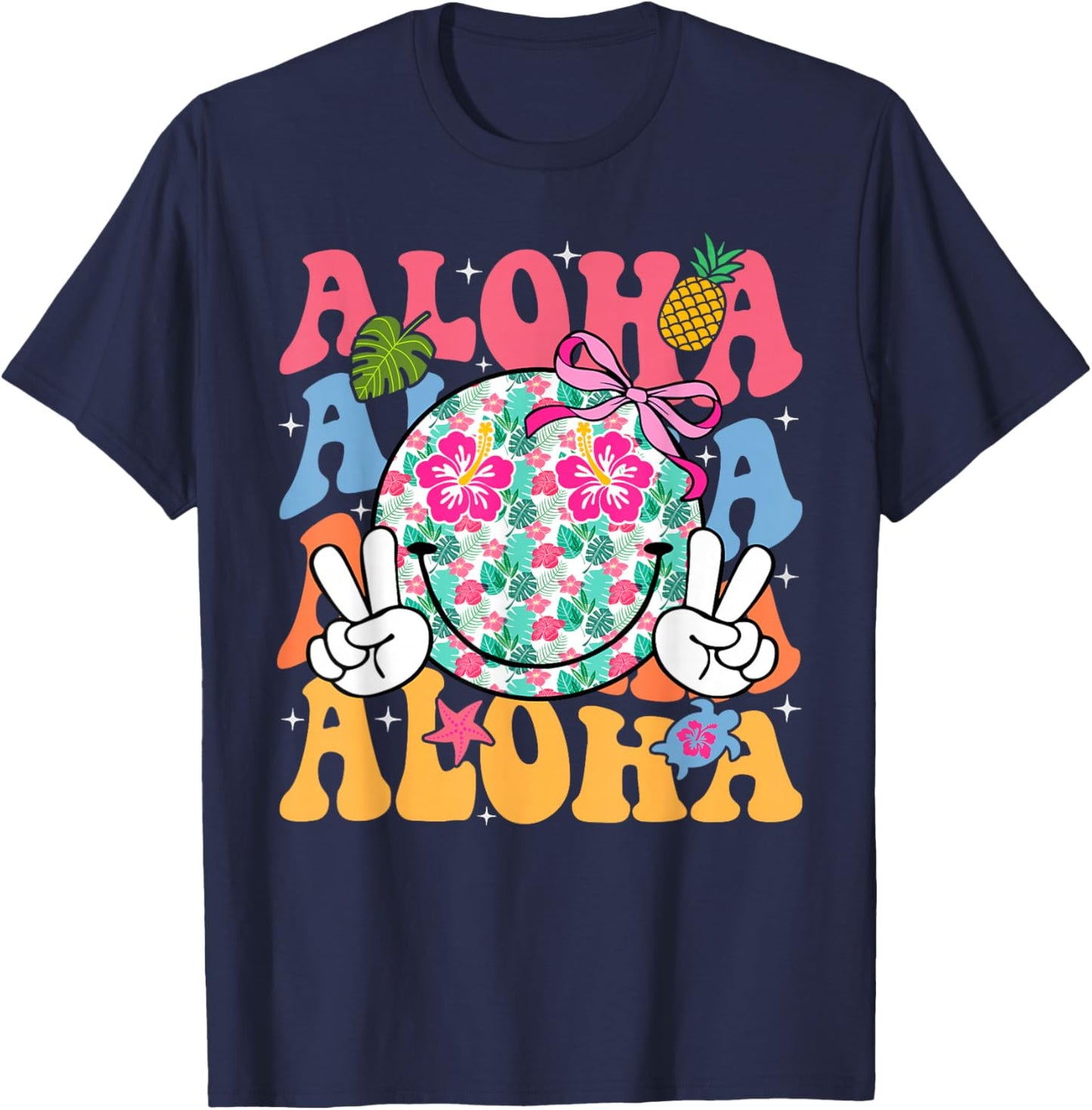 Aloha Hawaiian Cute Smile Face Shaka Hibiscus Kids Girls T-Shirt - T-Shirt | Navy