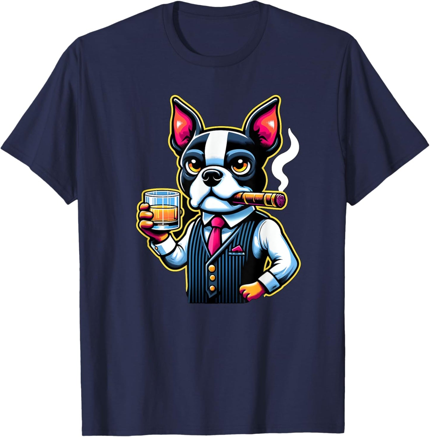 Boston Terrier dog Cigar And Whiskey Men Women T-Shirt - T-Shirt | Navy