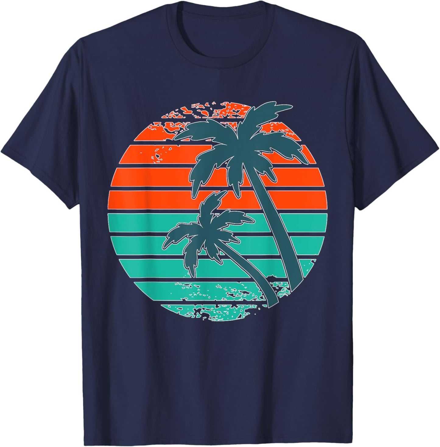 Tropical retro palm tree sunset in orange, aqua and teal T-Shirt - T-Shirt | Navy
