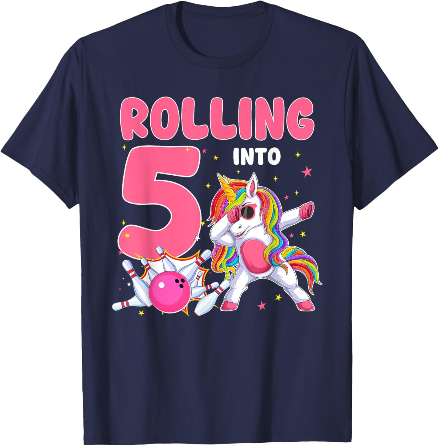 Rolling Into 5 5th Birthday Unicorn Bowling 5 Year Old T-Shirt - T-Shirt | Navy
