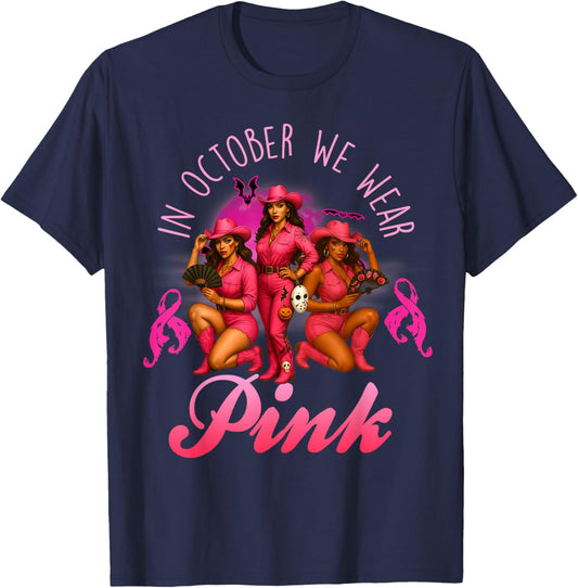 in October We Wear Pink Breast Cancer Halloween Cowgirl T-Shirt - T-Shirt | Navy