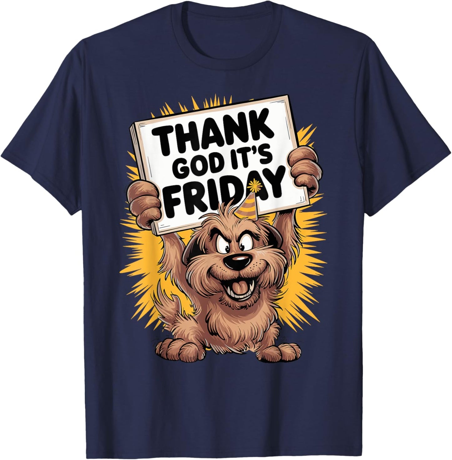 Thank God It's Friday Cheerful Dog Cartoon Design T-Shirt - T-Shirt | Navy
